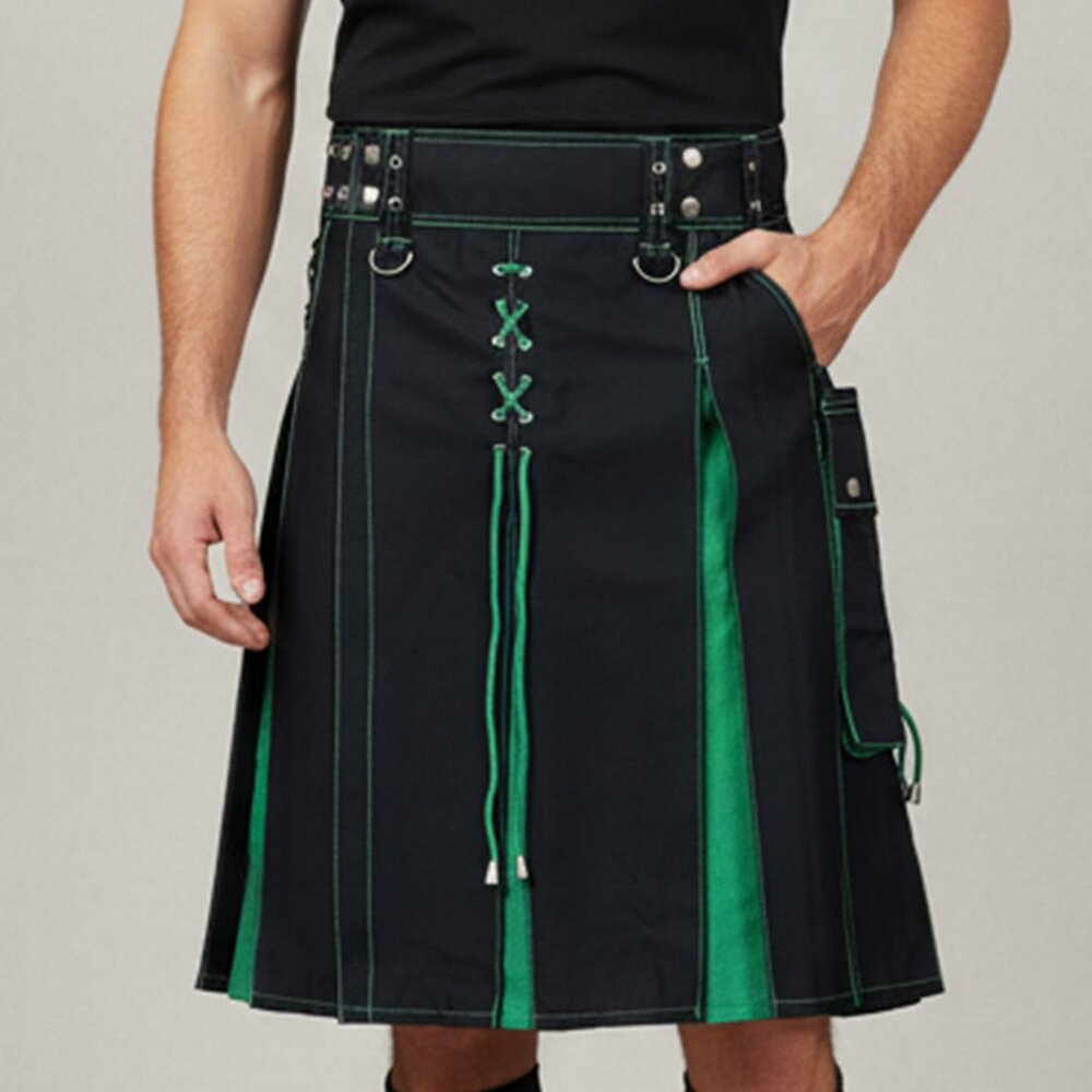 Hybrid Utility Kilt for Men Black with Green Pleats